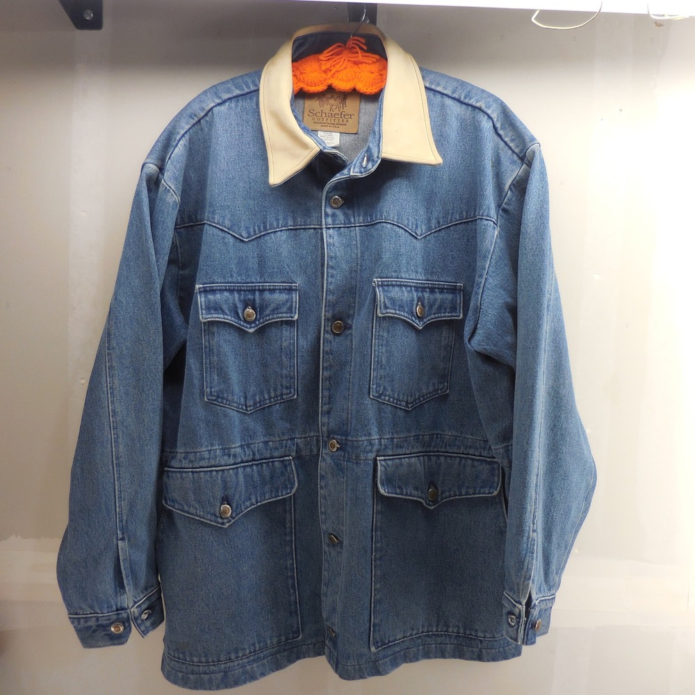 Schaefer Outfitter Mens XL Denim Barn Coat Leather Collar Western Jacket USA 205